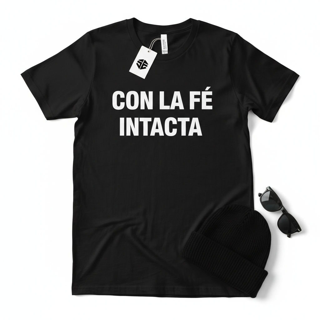 Blusa negra manga corta con letras blancas Con la Fe Intacta