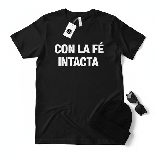 Blusa negra manga corta con letras blancas Con la Fe Intacta